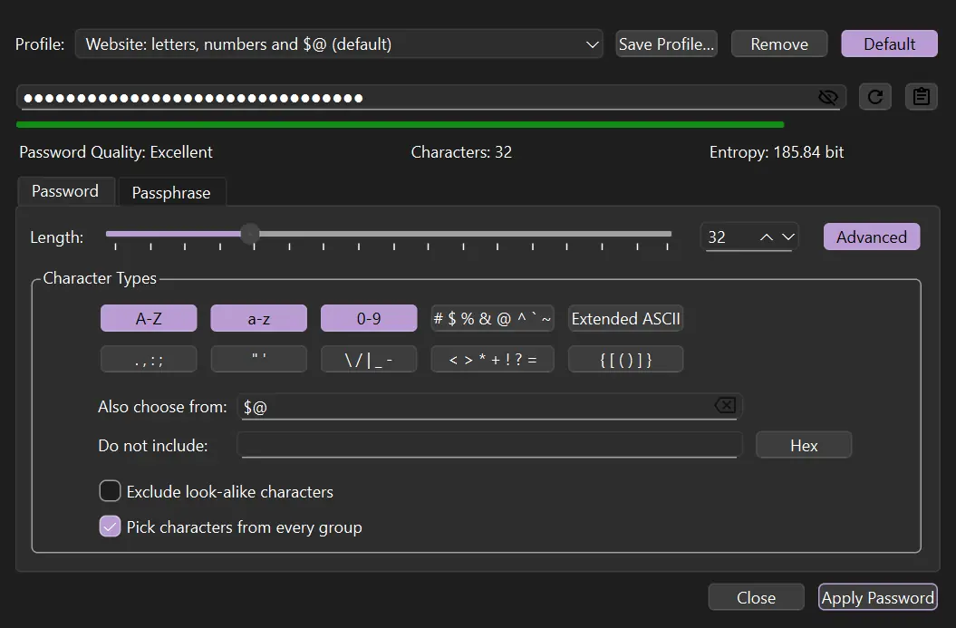KeePassXC: database-specific password and passphrase profiles